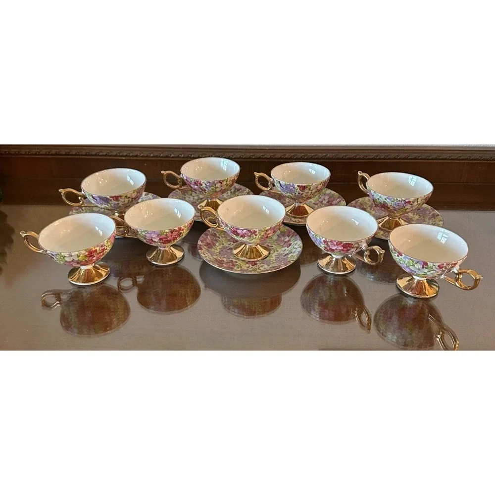 Set of 9 Vintage Fancy China Teacups & Saucers Flower Floral Pattern‎